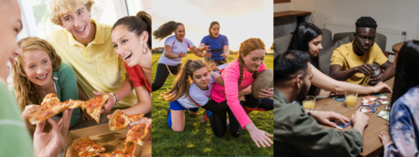 ados mangeant et jouant a un sport